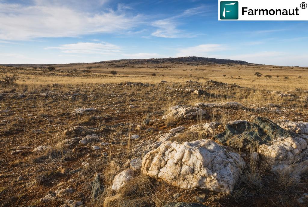 South African Highveld Exploration Terrain With Quartz Rubble And Weathered Outcrop, Typical Ground For Satellite Gold Exploration South Africa Projects