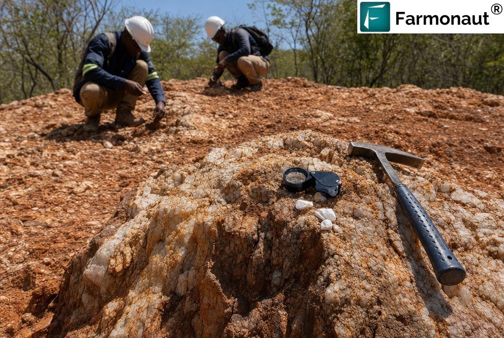 Iron-Stained Quartz Vein Outcrop Being Examined By Geologists During Small-Scale Gold Exploration Fieldwork In Southern Africa