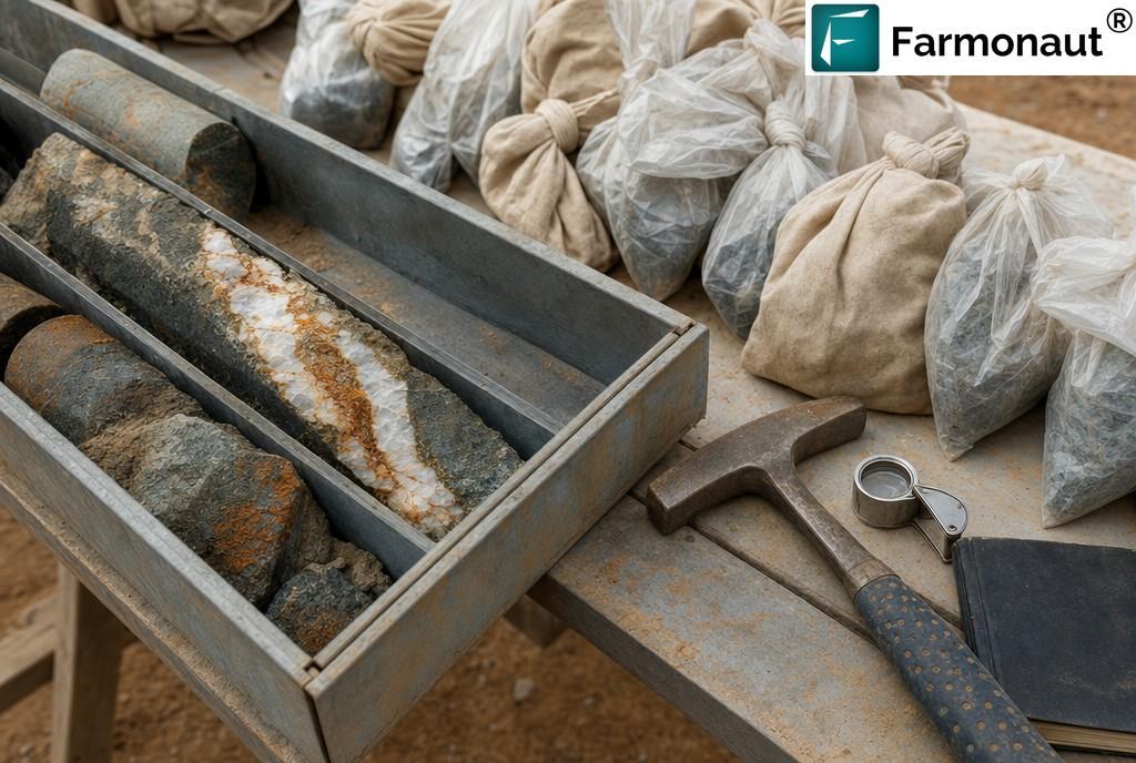 Split Drill Core With Quartz Veining Beside Sealed Sample Bags At A Field Camp, Illustrating The Logging And Sampling Stage After Gold Drill Validation