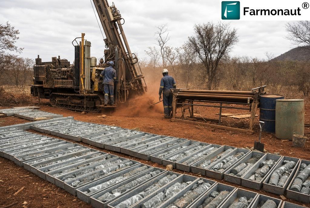 Diamond Core Drilling Rig On African Savanna With Core Trays Laid Out, Illustrating Drill Validation Of Satellite Gold Exploration Targets In Zimbabwe