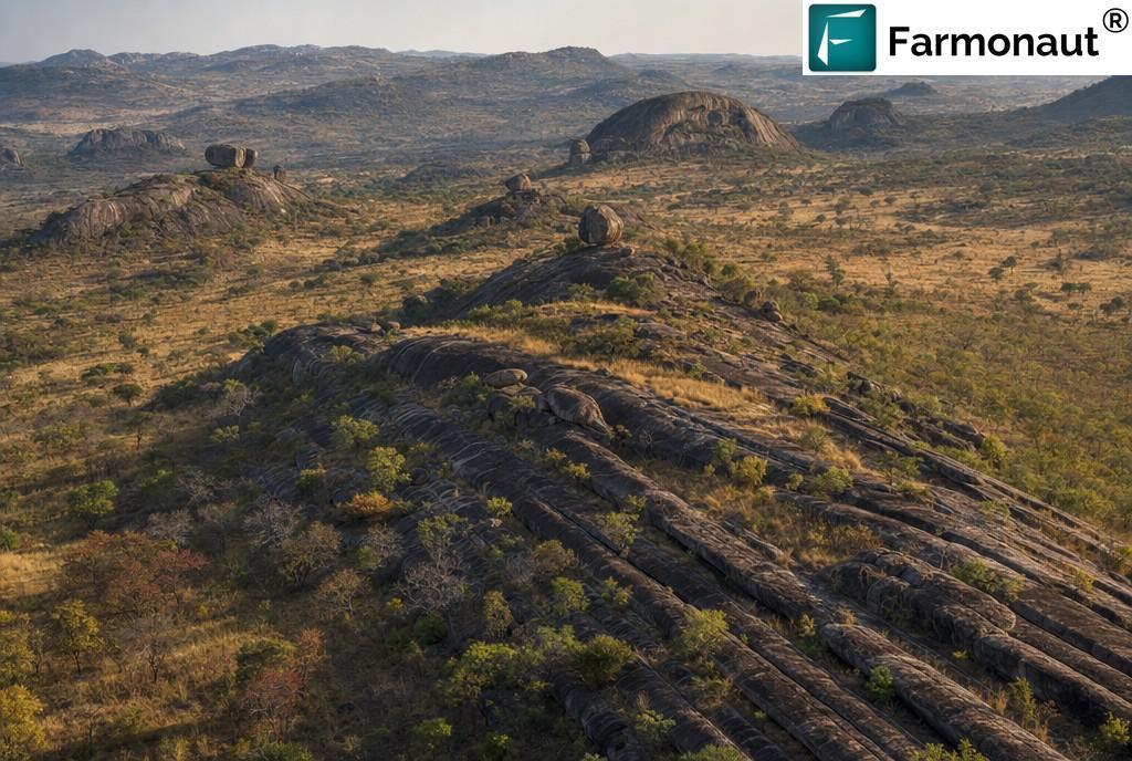 Archaean Greenstone Belt Terrain In Zimbabwe, Granite Kopjes And Dark Volcanic Ridges In Dry Savanna, The Setting For Satellite Gold Exploration And Drill Validation