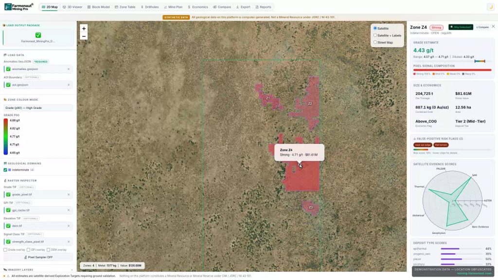 Mining Pro 2D Map With Ranked Anomaly Zones On Satellite Imagery And A Zone Detail Panel