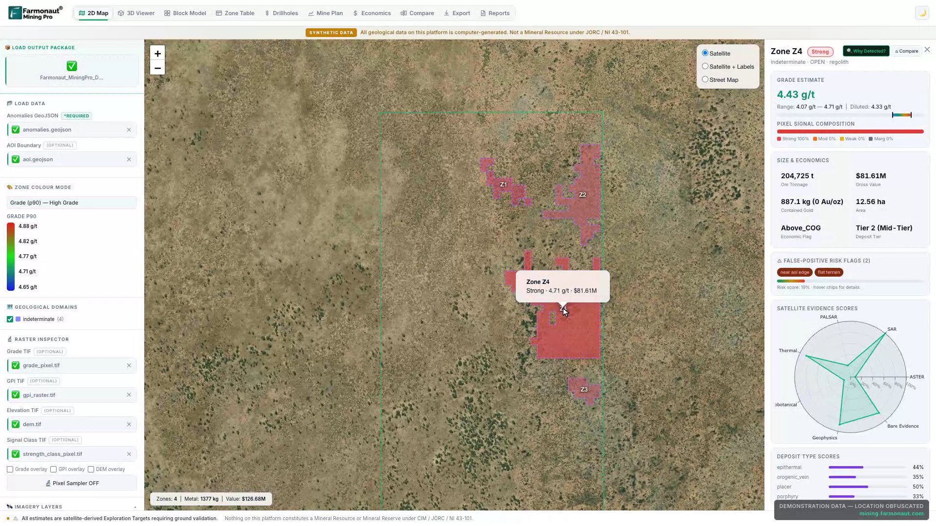 Satellite Mineral Detection Map With Ranked Anomaly Polygons Over A Mining License