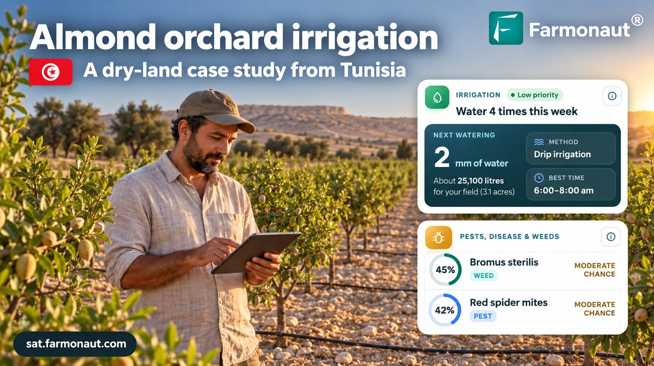 Almond Orchard Irrigation: An 824 Mm Plan In Dry Tunisia 1 Almond Orchard Irrigation In Tunisia: A Farmer Checks A Satellite Irrigation Plan And Pest-Risk Card In A Young Drip-Irrigated Almond Orchard