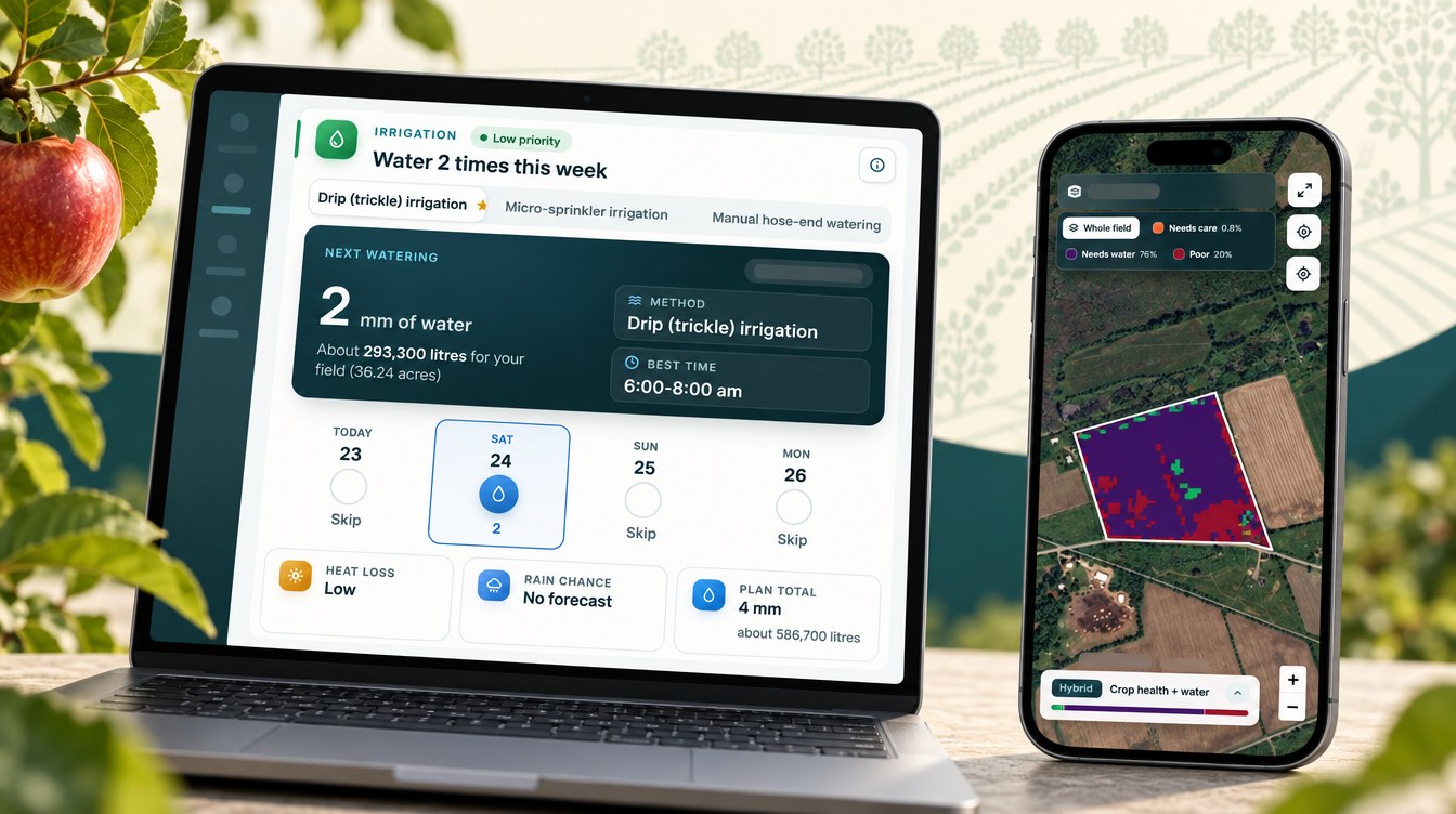 Apple Orchard Monitoring: Ontario Harvest, Brazil Bloom 3 Apple Orchard Monitoring In The Farmonaut App: A Drip Irrigation Plan And Satellite Crop-Health Map For An Ontario Cidery Orchard (Illustration Based On The Real Advisory, Names Redacted)