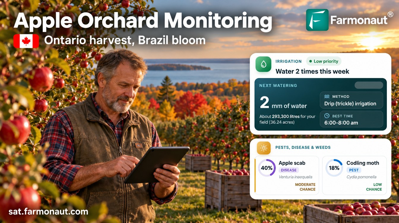 Apple Orchard Monitoring: Ontario Harvest, Brazil Bloom 1 Apple Orchard Monitoring: An Ontario Orchardist Checks Irrigation And Apple Scab Risk Cards At Harvest