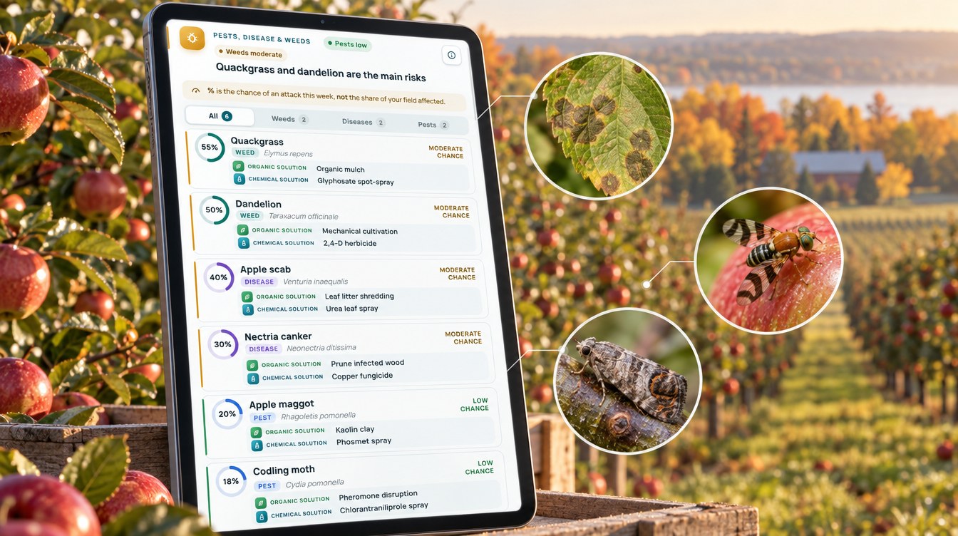 Apple Orchard Monitoring: Ontario Harvest, Brazil Bloom 4 Apple Pest, Disease And Weed Risk Scores From A Farmonaut Advisory, Including Apple Scab, Nectria Canker, Apple Maggot And Codling Moth (Illustration Based On The Real Advisory)