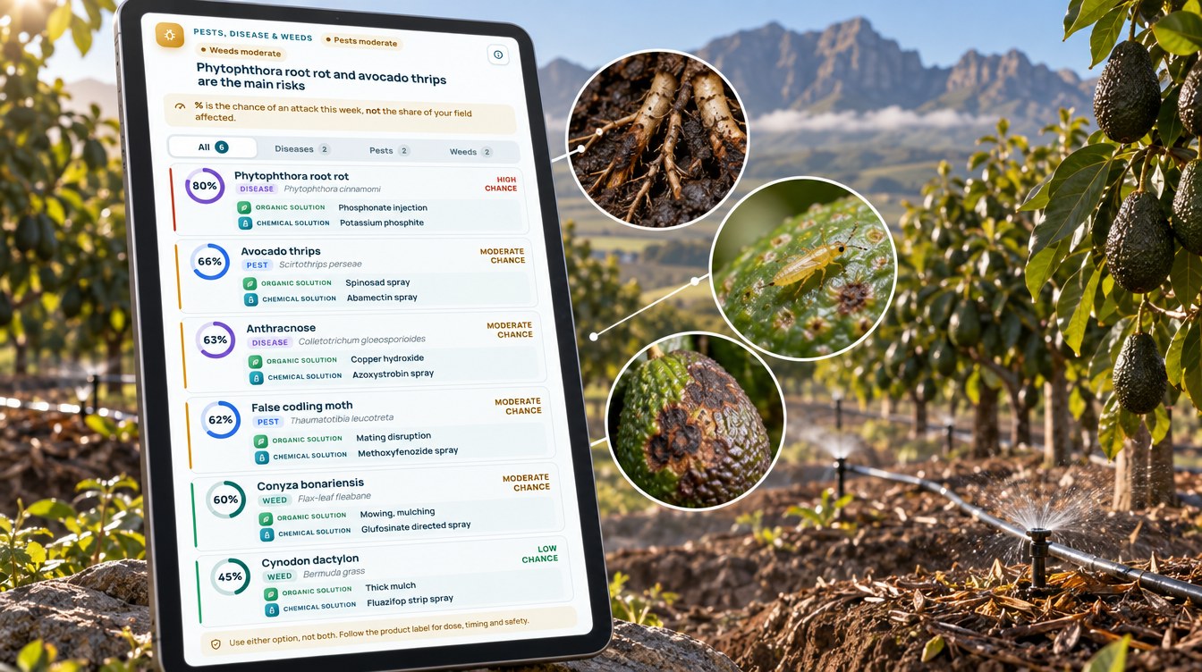 Avocado Orchard Monitoring Risk Card With Phytophthora Root Rot, Avocado Thrips, Anthracnose And False Codling Moth Scores (Illustration)