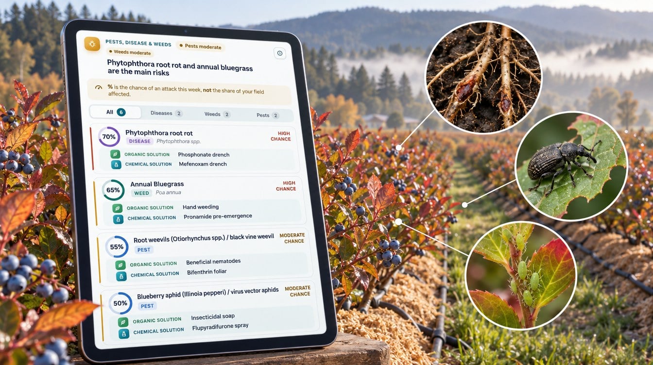 Blueberry Root Rot After Harvest: An Oregon Case Study 4 Blueberry Root Rot And Pest Risk Scores From A Farmonaut Advisory, Including Phytophthora Root Rot, Annual Bluegrass And Root Weevils (Illustration Based On The Real Advisory)