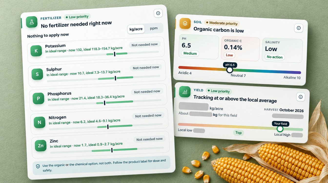 Corn Harvest Timing From Satellite: An Illinois Case Study 5 Corn Fertilizer Plan, Soil And Yield Cards From A Farmonaut Advisory For An Illinois Field (Illustration Based On The Real Advisory, Names Redacted)
