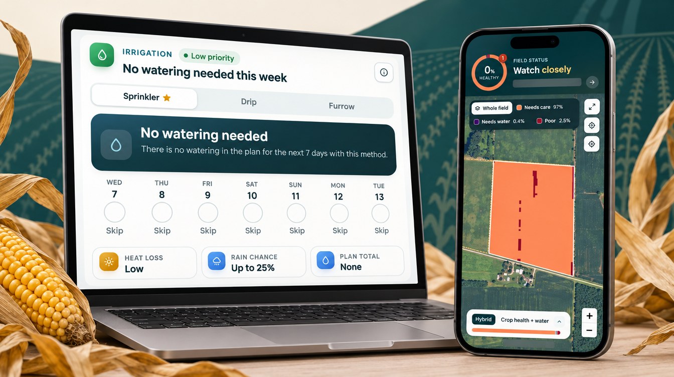 Corn Harvest Timing From Satellite: An Illinois Case Study 3 Corn Harvest Timing Advisory For An Illinois Field: Farmonaut Irrigation Plan With No Watering Needed And The Satellite Crop-Health Map (Illustration, Names Redacted)