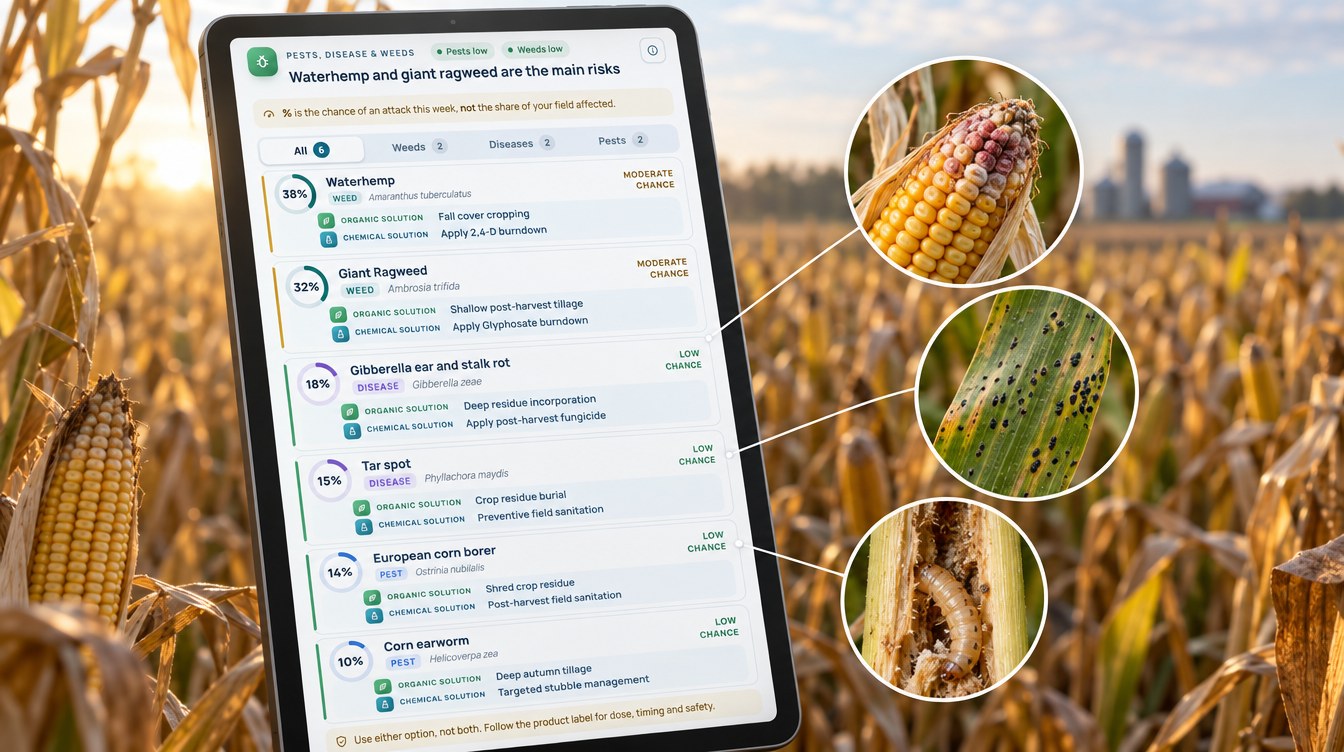 Corn Harvest Timing From Satellite: An Illinois Case Study 4 Corn Pest, Disease And Weed Risk Scores From A Farmonaut Advisory, Including Gibberella Ear And Stalk Rot, Tar Spot And European Corn Borer (Illustration Based On The Real Advisory)