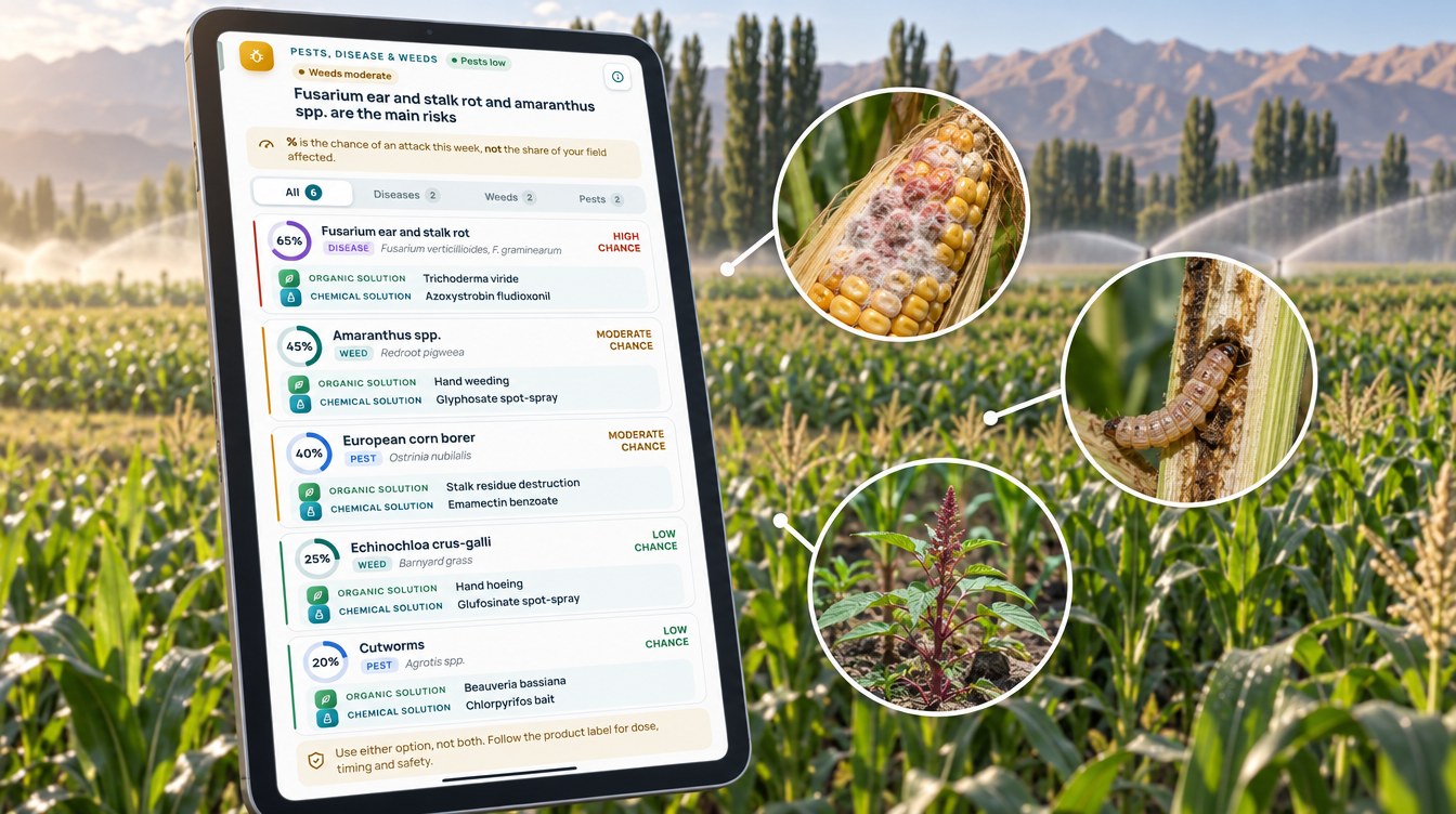 Corn Pest, Disease And Weed Risk Scores In A Crop Monitoring App For Large Farms, Including Fusarium Ear Rot And European Corn Borer (Illustration Based On The Real Advisory)