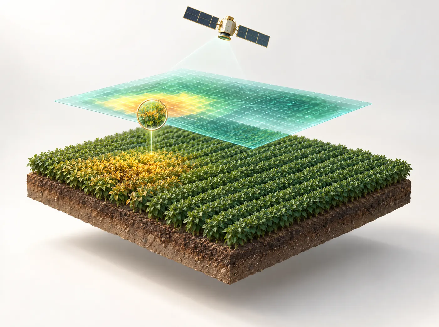 Soybean Field Diorama With A Stressed Patch Highlighted Under A Satellite Analysis Grid