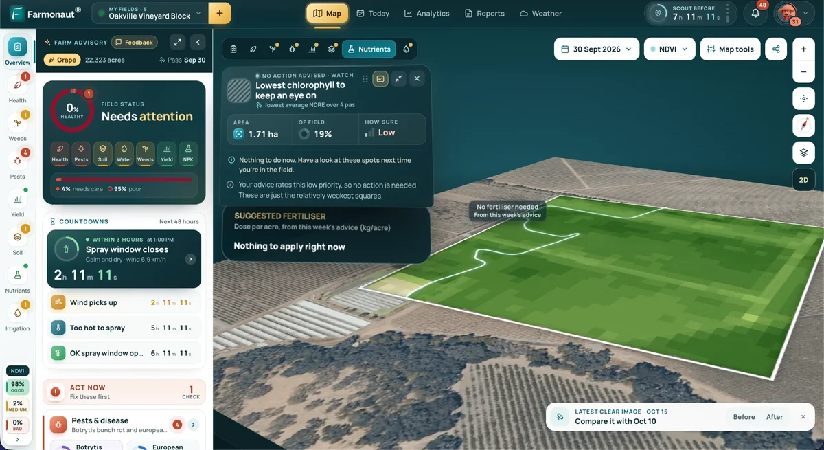 Farmonaut dashboard: nutrient view with the suggested fertiliser dose for the field on a 3D satellite map