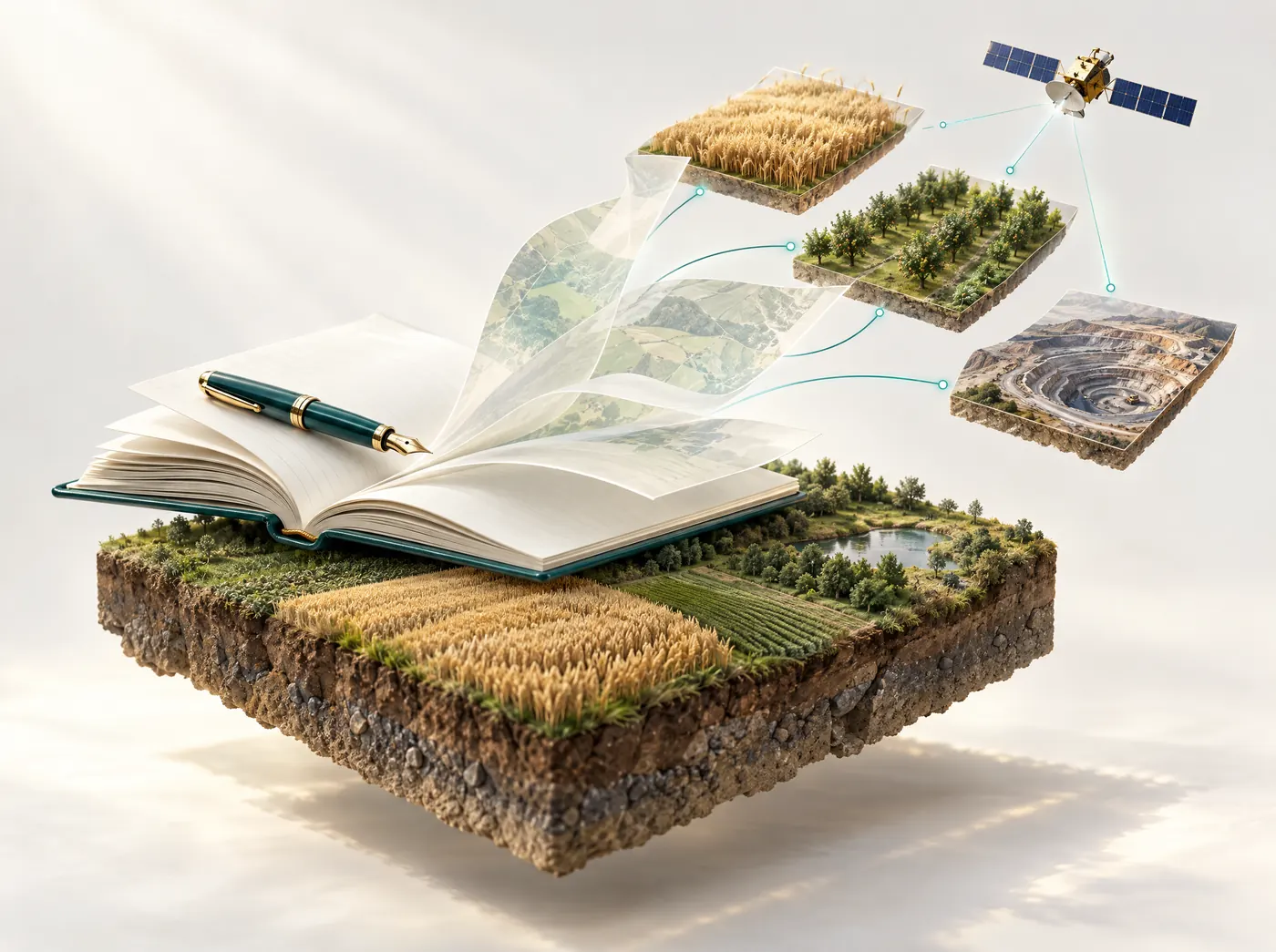 Open Notebook On Farmland With Pages Turning Into Field And Mine Tiles