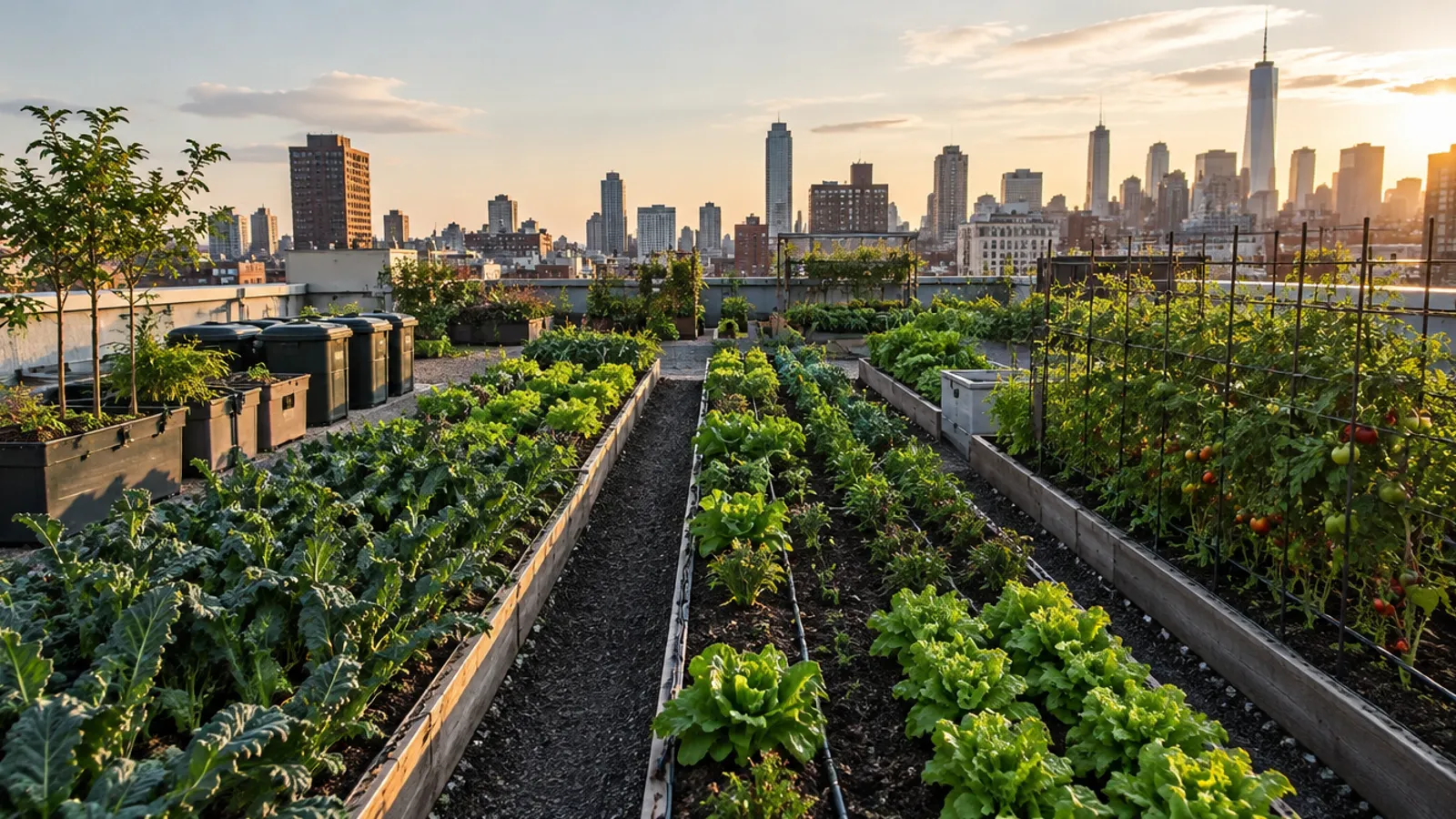 Urban Agriculture Projects: Sustainable Urban Agri Solutions 1 Illustration Of A Rooftop Vegetable Farm With Raised Beds And A City Skyline