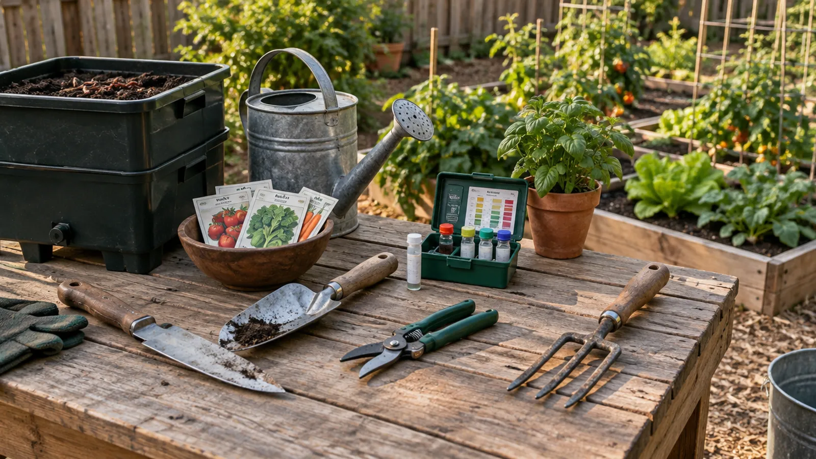Best Farming Tools For Beginners: Urban &Amp; Worm Guide 1 Illustration Of Beginner Farming Tools On A Potting Bench Beside Raised Vegetable Beds