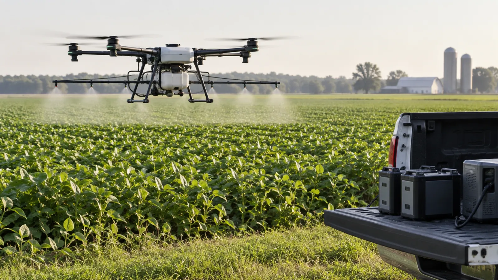Agricultural Drone Price &Amp; Models For Sale 1 Spray Drone Over A Soybean Field With Batteries On A Pickup At The Field Edge