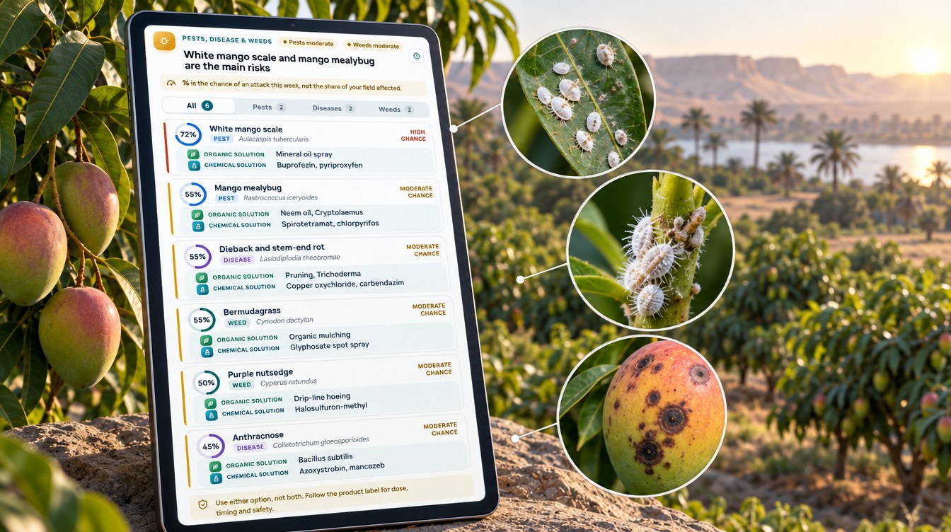 Mango Farming In Egypt: A Luxor Satellite Case Study 4 Mango Pest, Disease And Weed Risk Scores From A Farmonaut Advisory, Including White Mango Scale, Mango Mealybug And Anthracnose (Illustration Based On The Real Advisory)