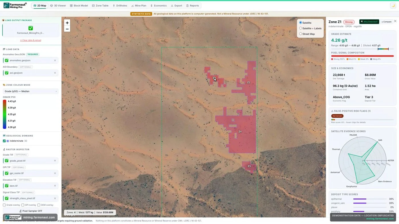 Mining Pro 2D Map With A Zone Detail Panel Showing Grade Estimate, Size, Economics And Satellite Evidence Scores