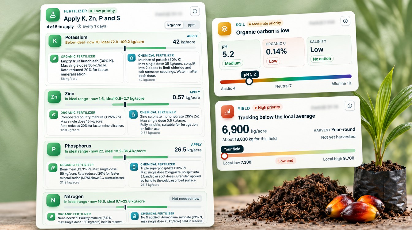 Fertilizer Plan With Organic And Chemical Options Plus Soil And Yield Cards From Oil Palm Plantation Monitoring (Illustration Based On The Real Advisory, Names Hidden)