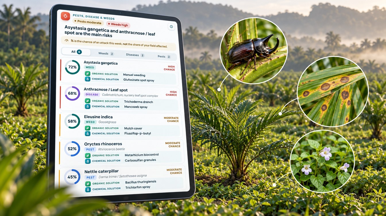 Pest, Disease And Weed Risk Card From Oil Palm Plantation Monitoring, With Rhinoceros Beetle, Leaf Spot And Asystasia Scores (Illustration Based On The Real Advisory)