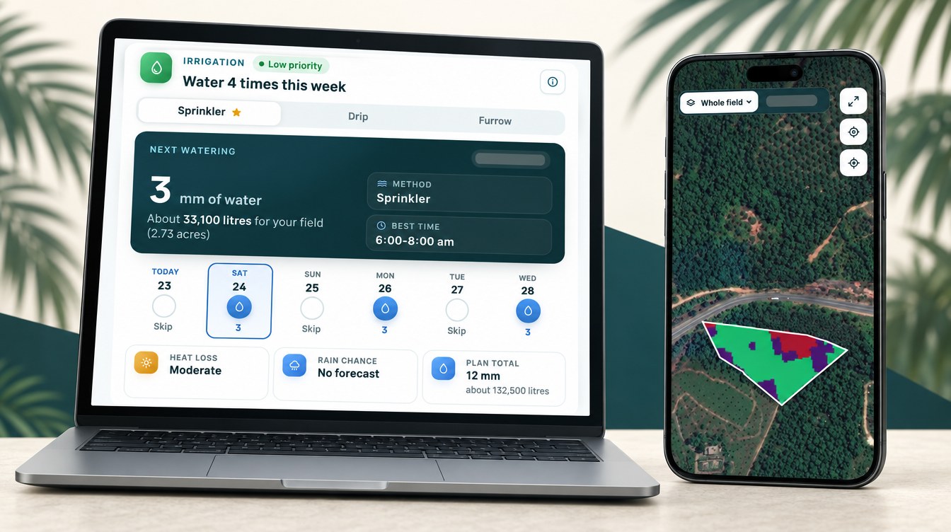 Oil Palm Plantation Monitoring In Malaysia: Farmonaut Irrigation Plan And Satellite Crop-Health Map For A Young Palm Block (Illustration Based On The Real Advisory, Names Hidden)