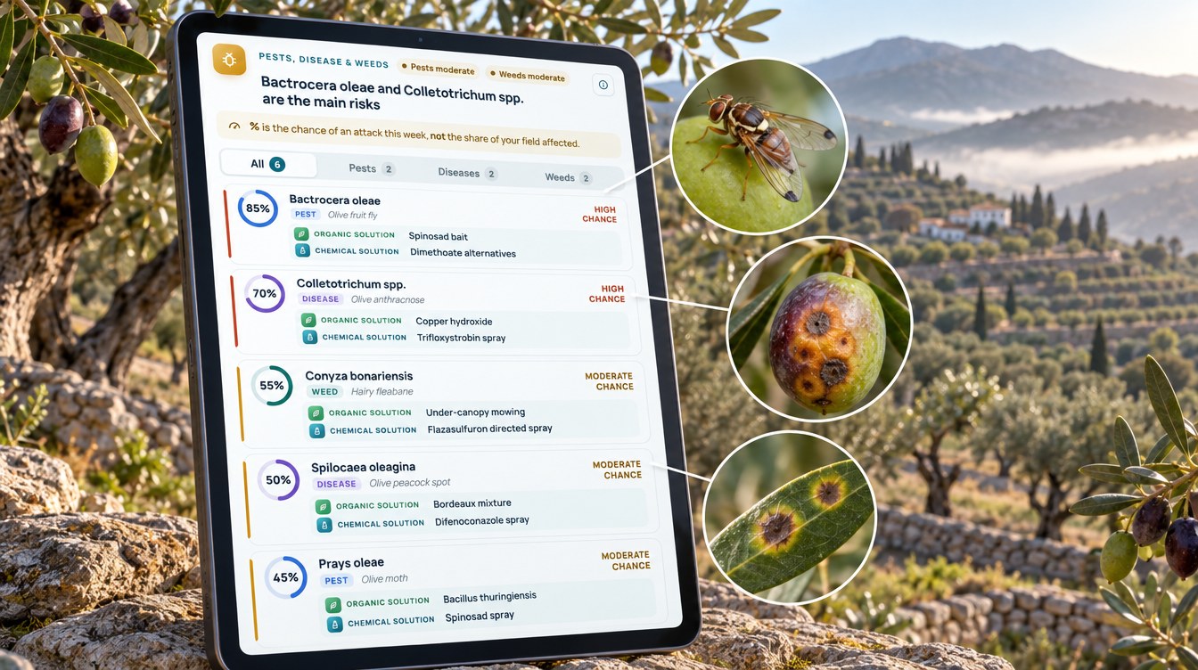 Olive Fruit Fly Monitoring Card From A Farmonaut Advisory, With Olive Anthracnose And Peacock Spot Risk Scores (Illustration Based On The Real Advisory)