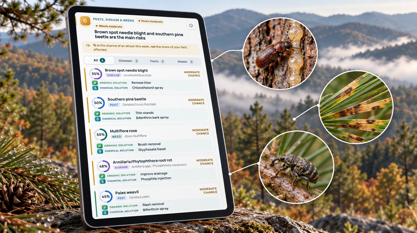 Pine Pest And Disease Risk Scores From A Farmonaut Advisory, Including Brown Spot Needle Blight, Southern Pine Beetle And Pales Weevil (Illustration Based On The Real Advisory)