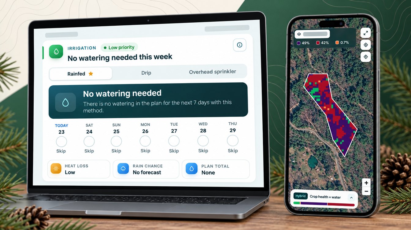 Pine Plantation Monitoring Advisory: Rain-Fed Water Plan And Satellite Crop-Health Map For A North Carolina Pine Stand (Illustration Based On The Real Advisory, Names Hidden)