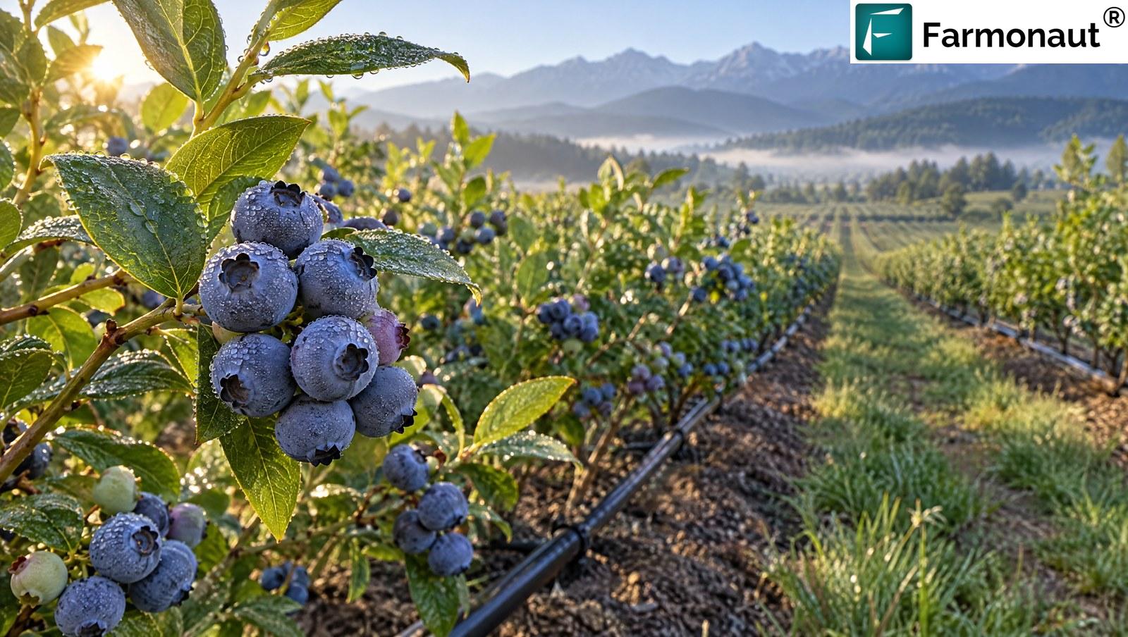 Ripe Blueberries With Morning Dew On A Bush In A Commercial Plantation In Romania With A Drip Irrigation Line And The Carpathian Mountains Softly Blurred Behind