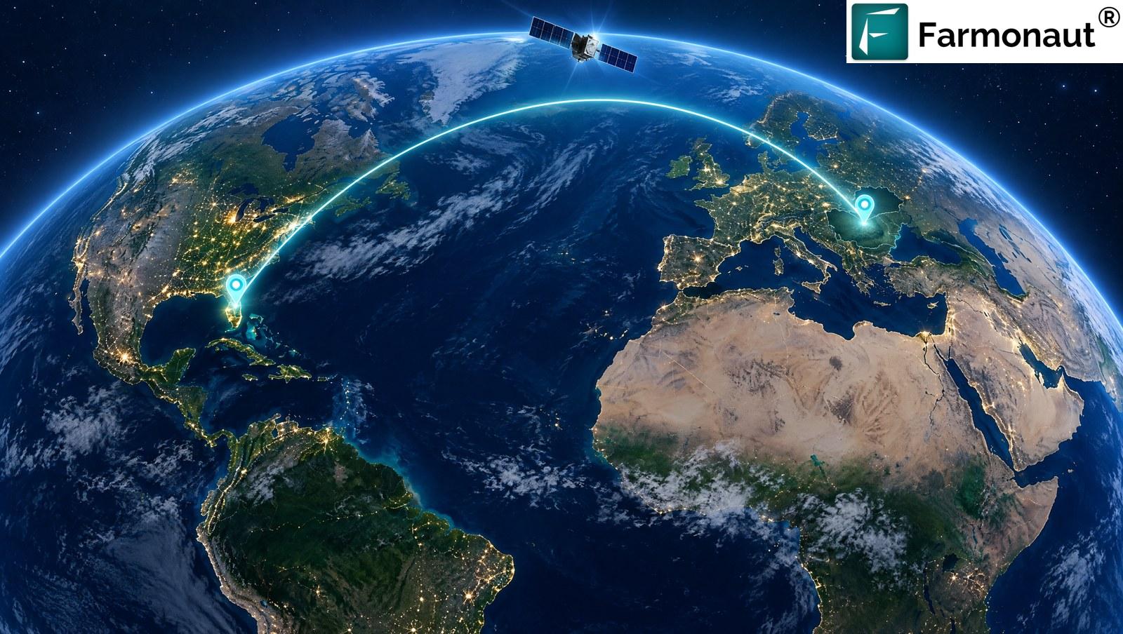 A Glowing Arc Connecting Florida In The United States With Transylvania In Romania Across The Atlantic, With A Satellite In Orbit, Representing A Grower-To-Grower Referral