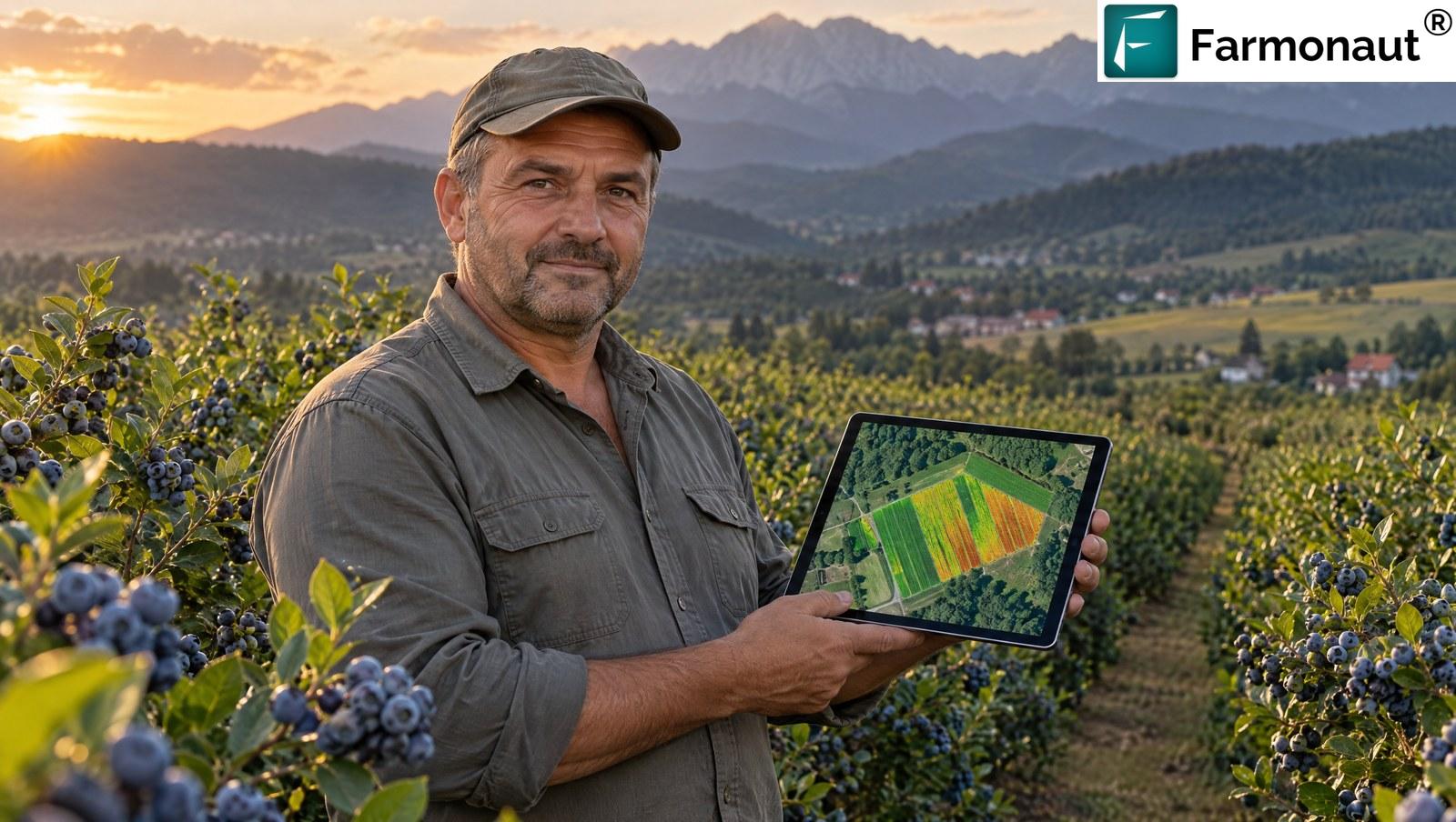 Eastern European Blueberry Grower Checking A Satellite Vegetation Map On A Tablet Between Blueberry Rows At Golden Hour With The Carpathian Mountains Behind