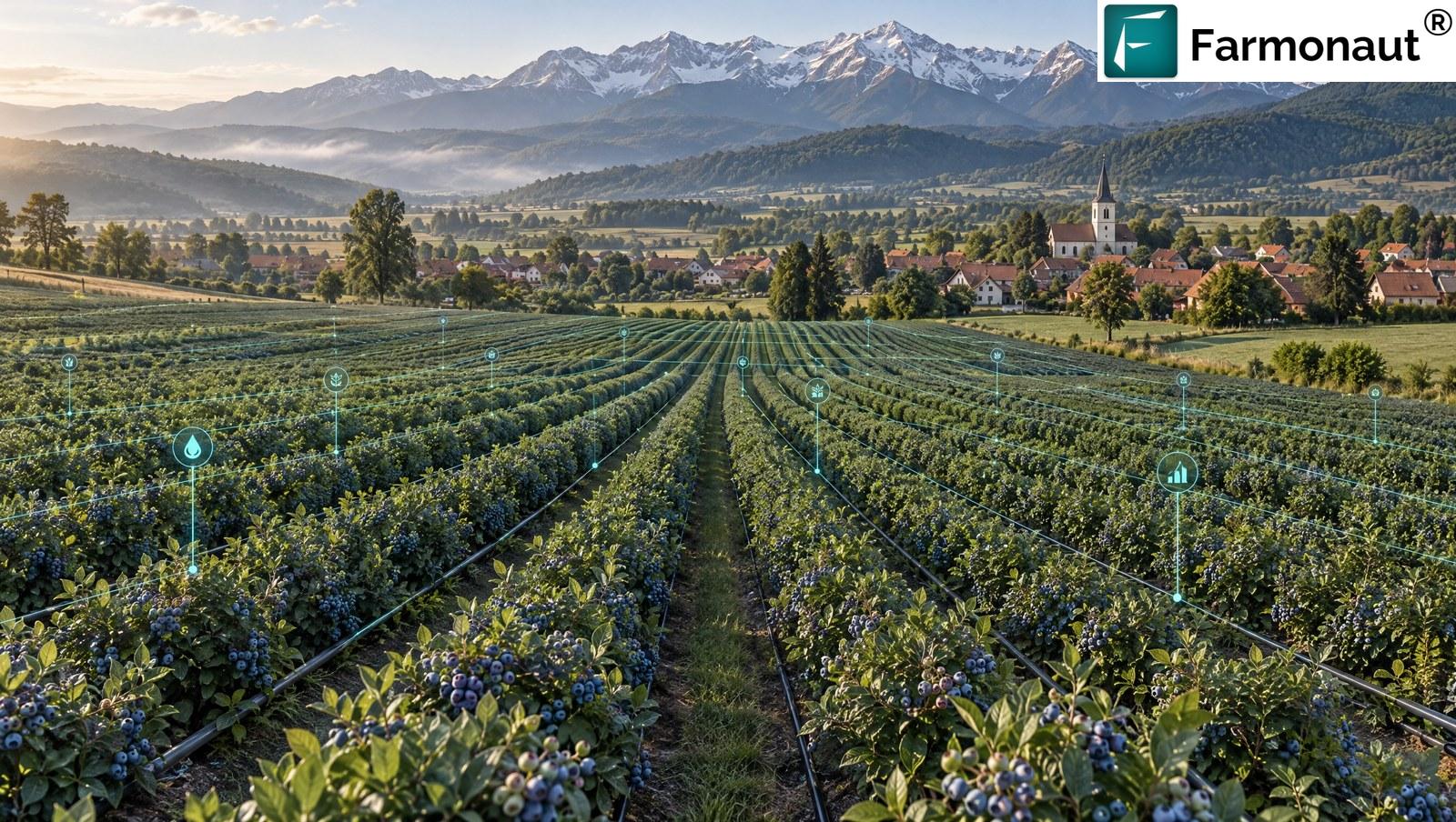 Blueberry Farming In Transylvania, Romania: Aerial View Of A Plantation Below The Carpathian Mountains With A Satellite Monitoring Grid Overlay