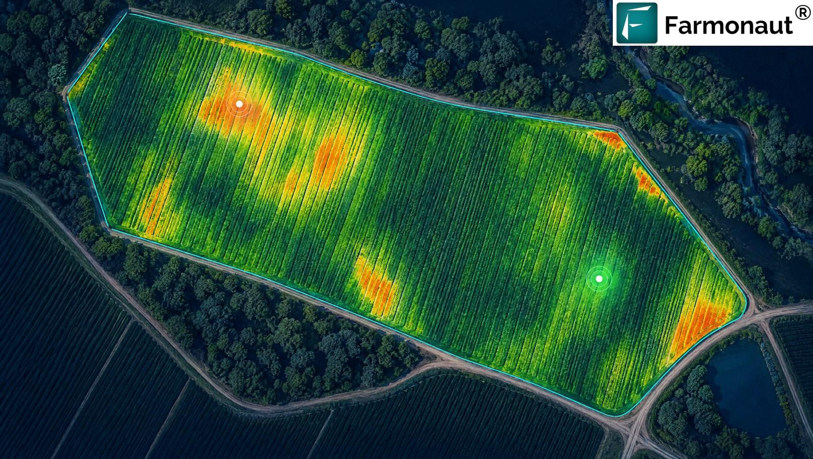 False-Colour Satellite Vegetation Map Of A Blueberry Plantation Block With Parallel Rows Showing Green Healthy Zones And Orange Stress Patches