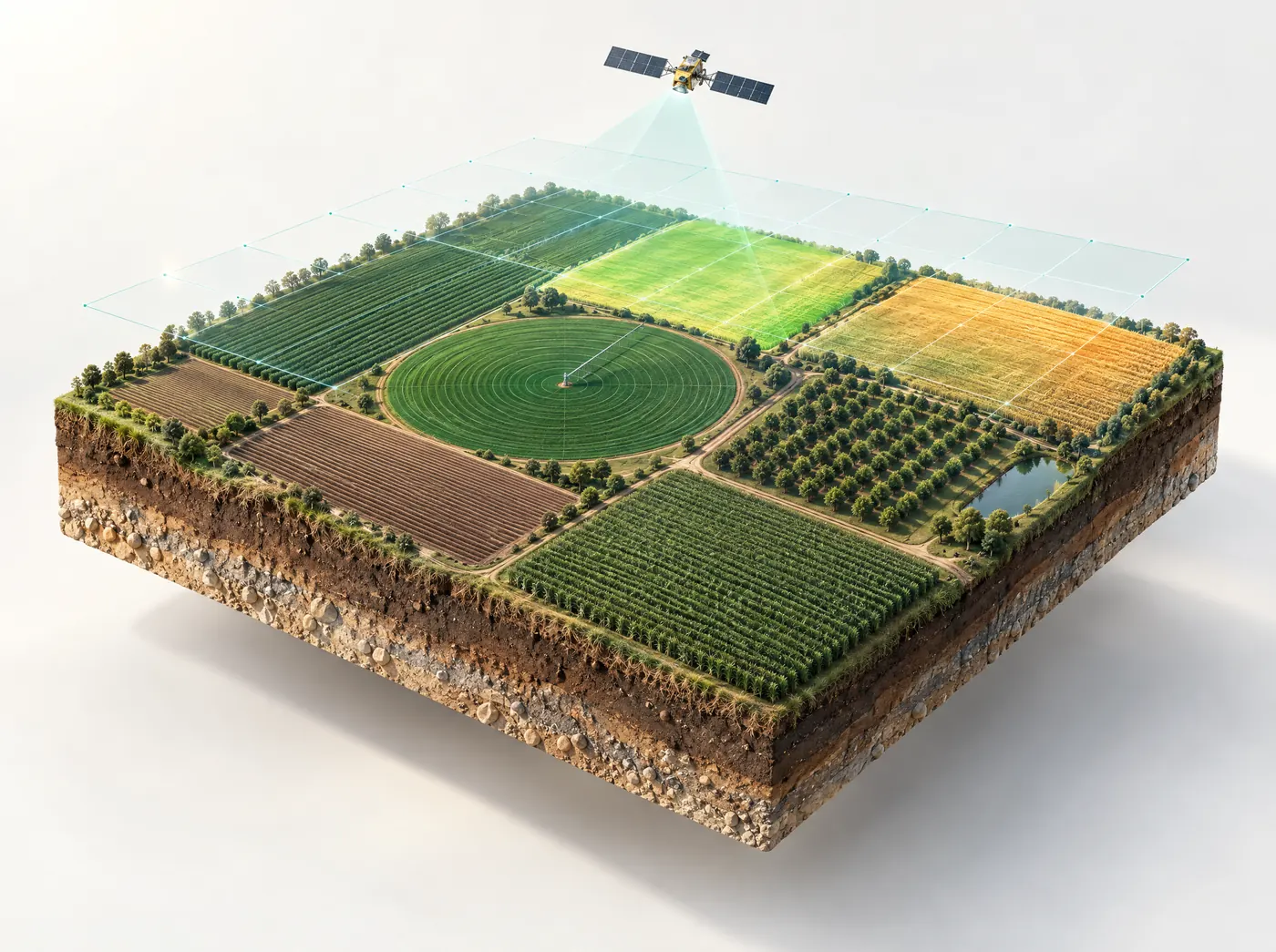 Farmland Diorama Under A Satellite Analysis Grid With Fields Tinted By Crop Health