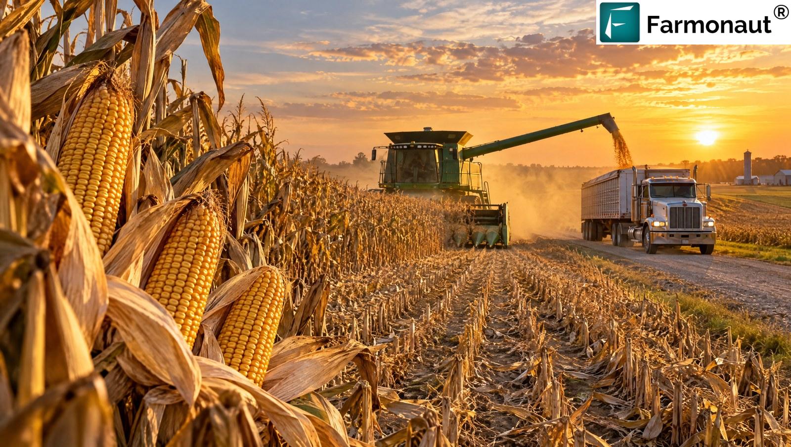 Combine Harvester Unloading Corn Into A Truck At Golden Hour In The Illinois Countryside, A Successful Corn Harvest