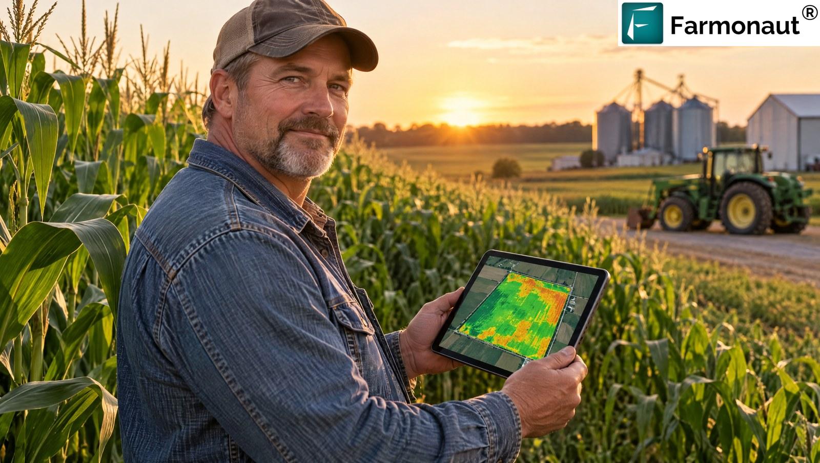 North American Corn Farmer In Illinois Checking A Satellite Vegetation Map On A Tablet At Sunset