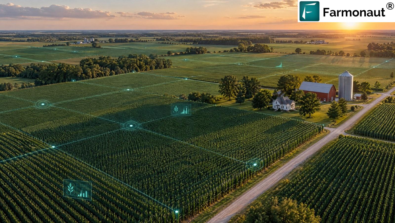 Corn Yield Calculator Context: Aerial View Of Northern Illinois Cornfields At Sunset With A Satellite Crop Monitoring Grid Overlay