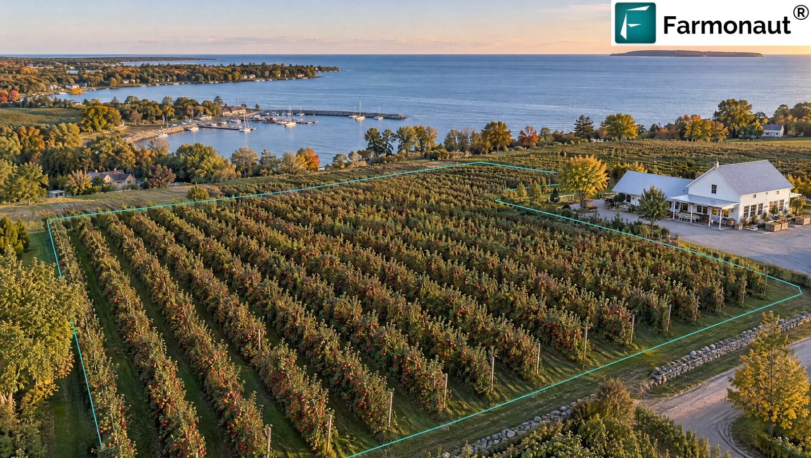 Apple Orchard In Prince Edward County, Ontario Beside Lake Ontario With The Orchard Boundary Outlined As A Digital Map Polygon, Satellite Orchard Monitoring