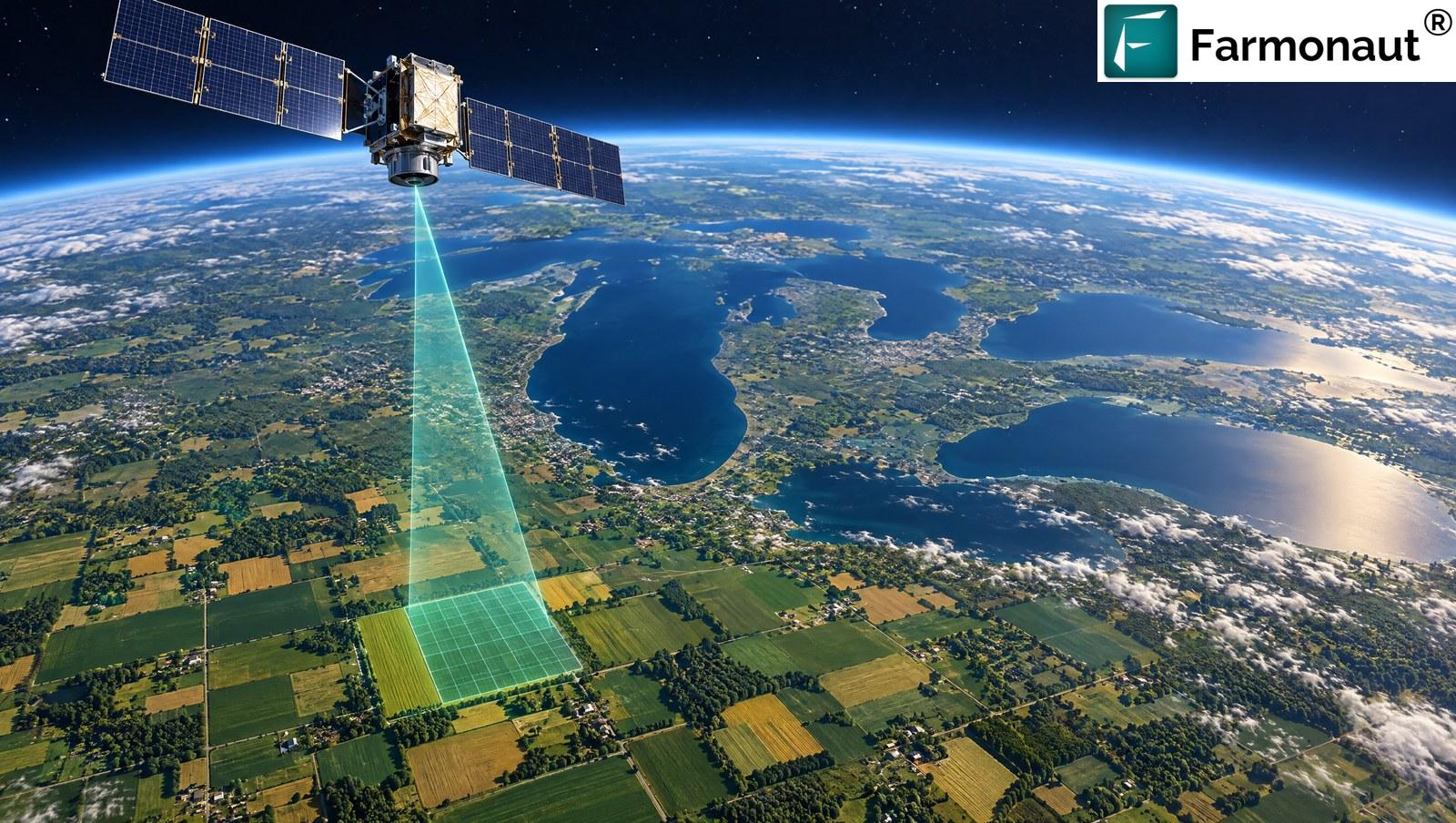Earth-Observation Satellite In Orbit Above The Great Lakes Scanning A Single Midwest Cornfield With A Teal Grid
