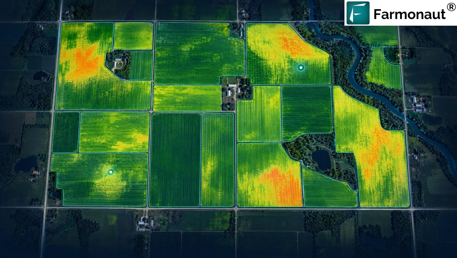 False-Colour Satellite Vegetation Map Of Midwest Farm Fields Showing Healthy Green Zones And Orange Stress Patches