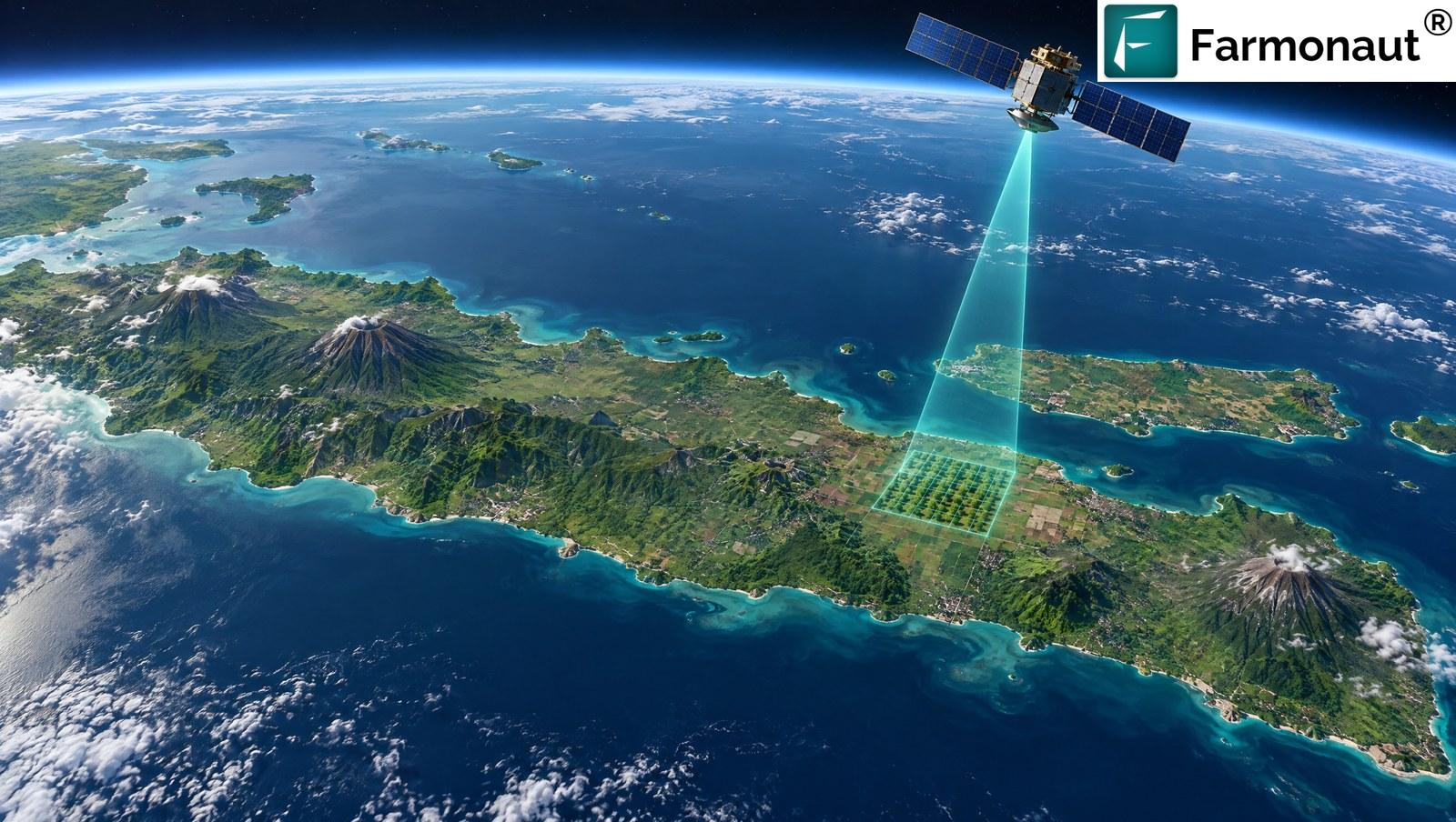An Earth-Observation Satellite Above The Island Of Java Scanning A Mango Orchard In East Java With A Teal Grid, Volcanic Peaks Visible