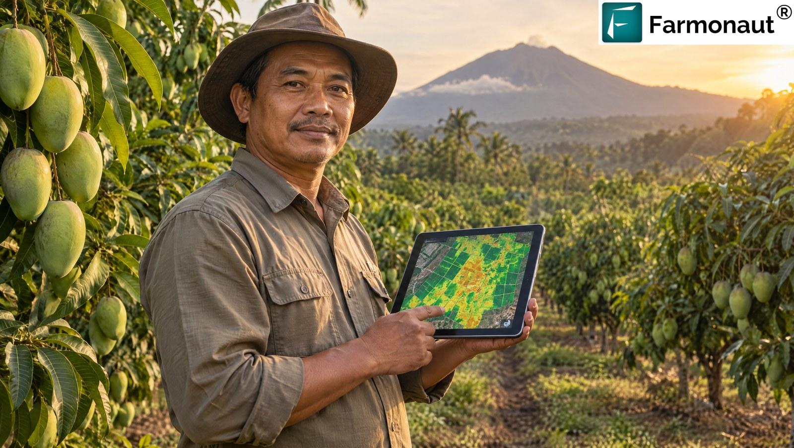 Indonesian Mango Orchard Manager Checking A Satellite Vegetation Map On A Tablet Between Mango Trees At Golden Hour With A Volcano Behind