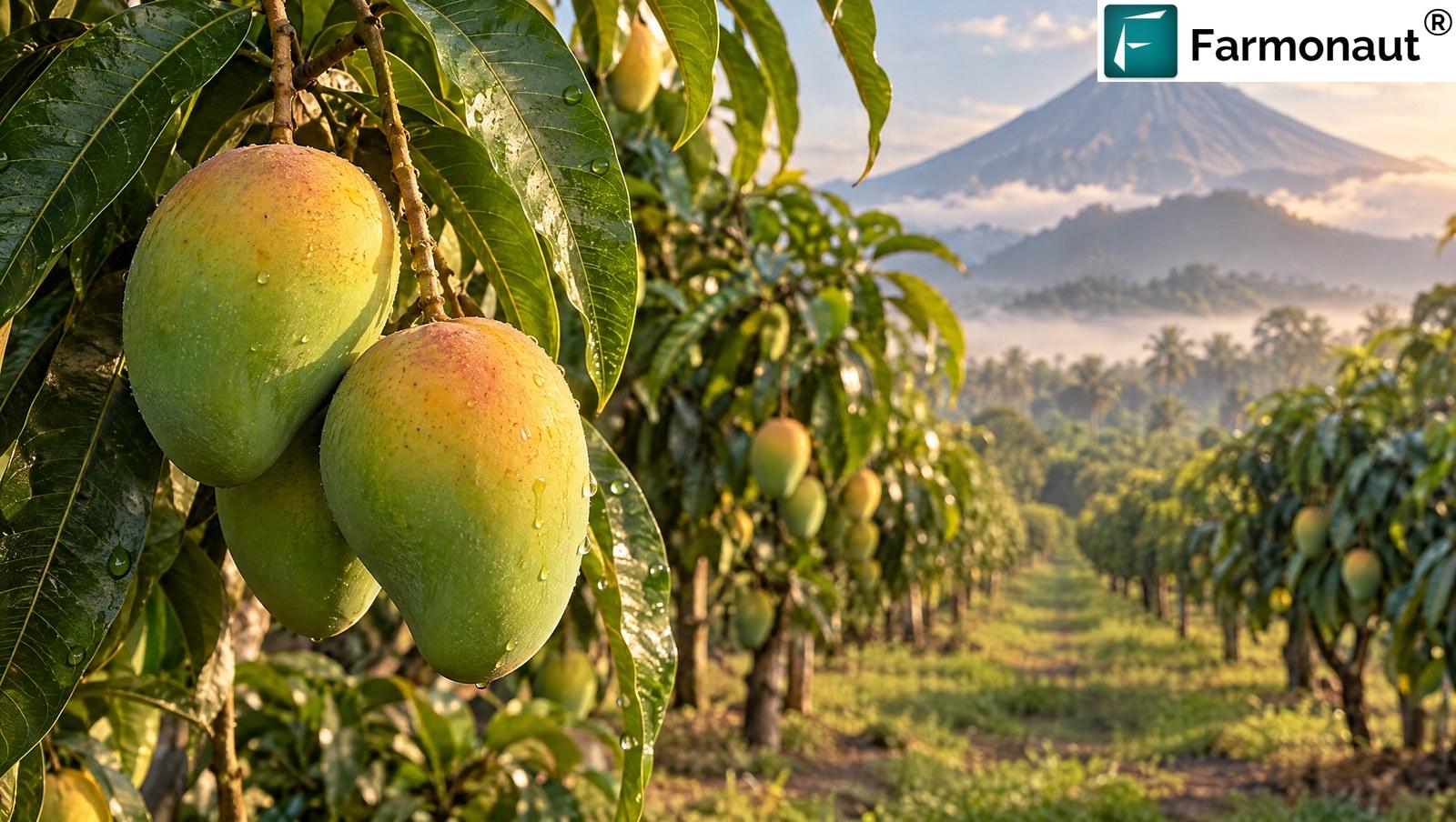 Ripe Mangoes Hanging On A Tree In An East Java Orchard With Orchard Rows And A Hazy Volcano Softly Blurred Behind