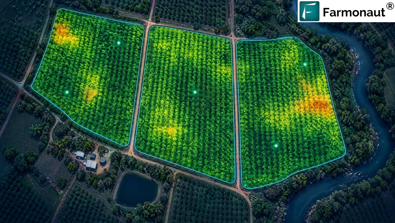 False-Colour Satellite Vegetation Map Of Three Mango Orchard Blocks With Tree-Row Texture Showing Green Healthy Zones And A Few Yellow-Orange Patches