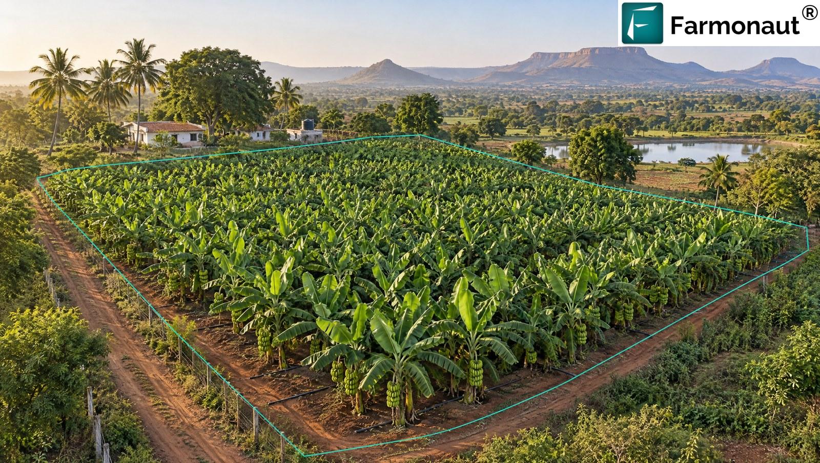Aerial View Of A Smallholder Banana Plantation In Maharashtra India With The Field Boundary Outlined As A Digital Map Polygon And Deccan Hills Behind