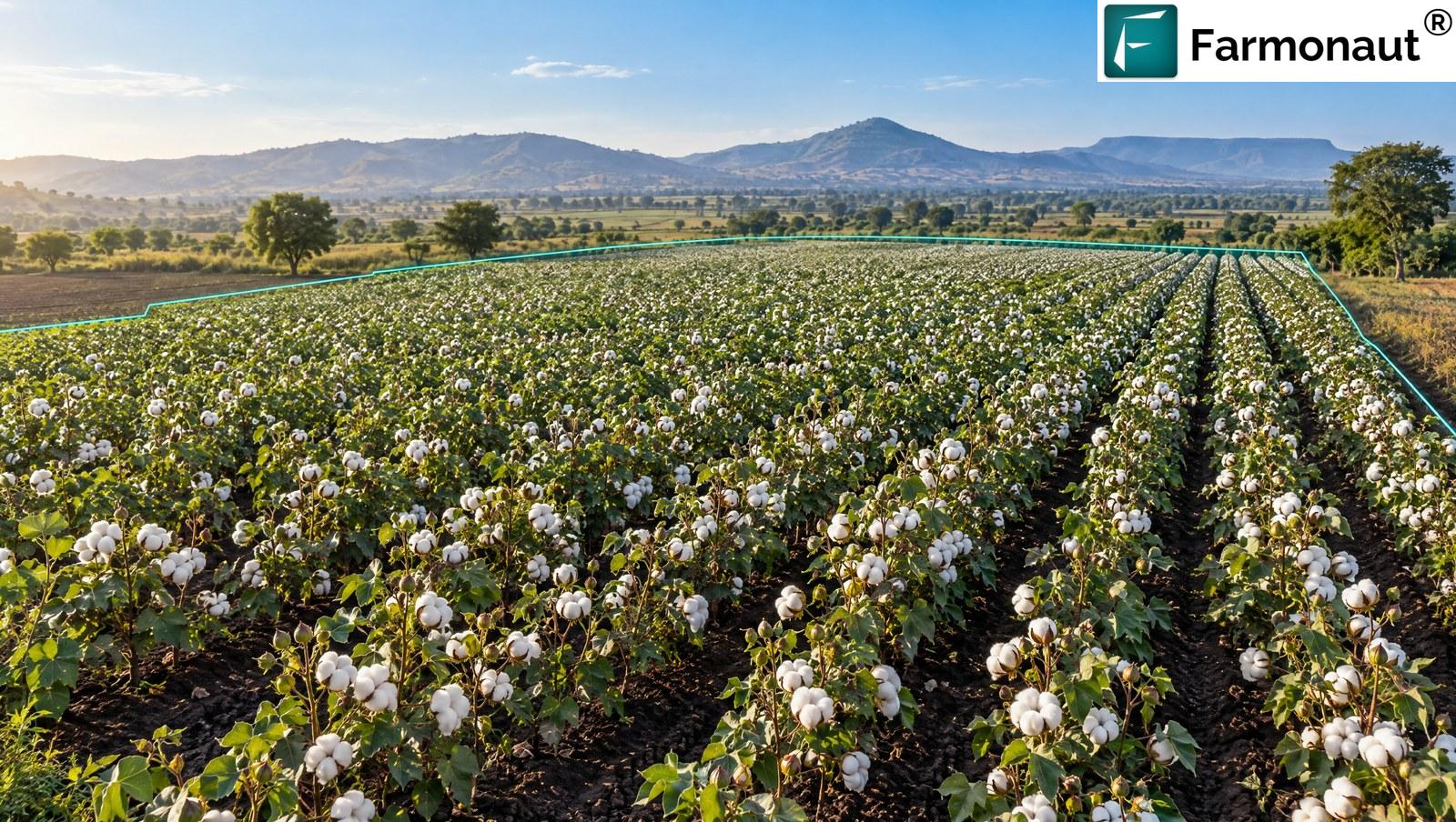Cotton Field In Maharashtra India With Open White Cotton Bolls On Green Plants In Rows Over Dark Black Soil With The Field Boundary Outlined As A Digital Map Polygon