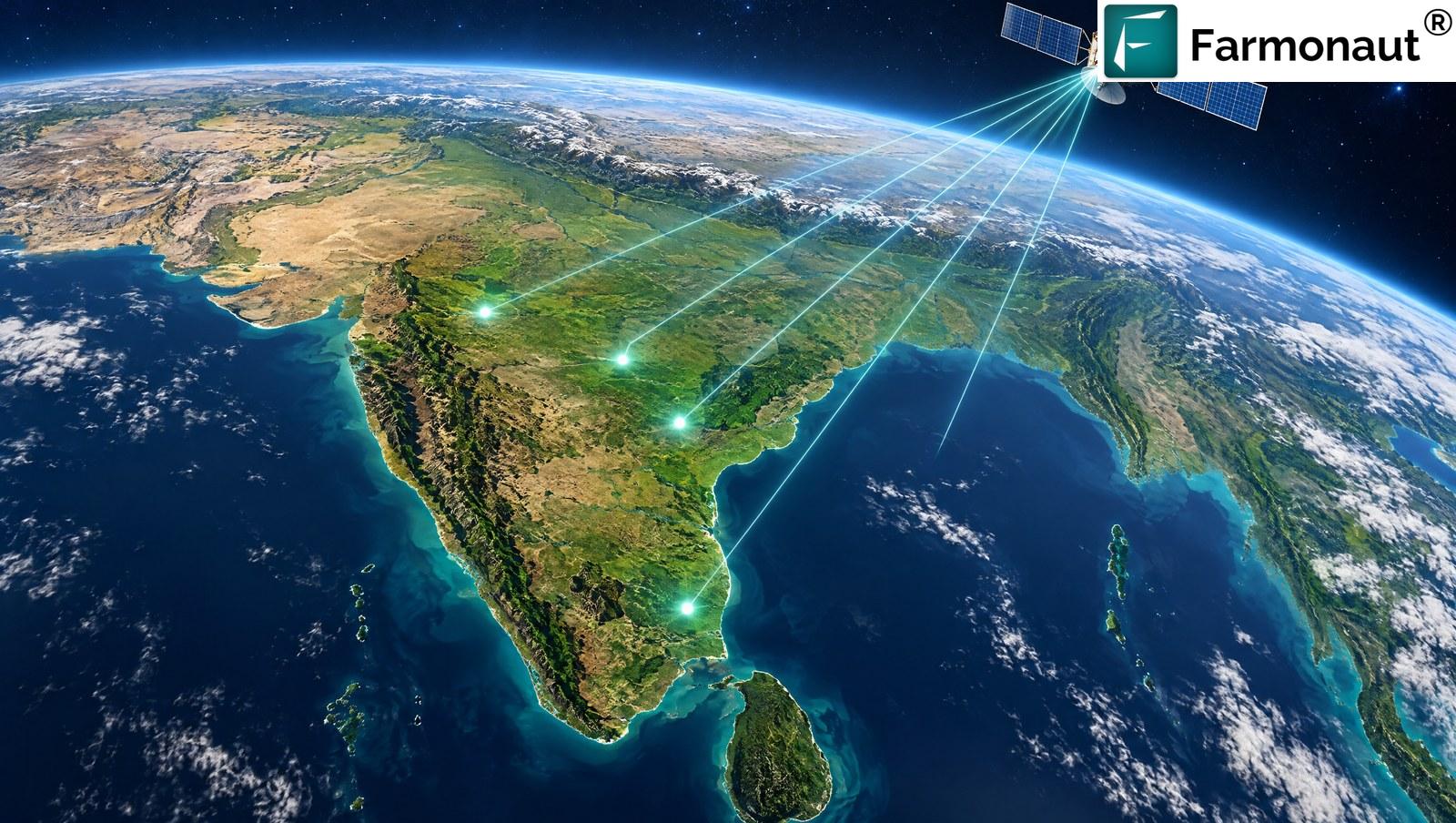 Small Scale Farming In India: Earth-Observation Satellite Above The Peninsula With Pins Over Maharashtra, Telangana, Andhra Pradesh And Tamil Nadu Marking Monitored Farms